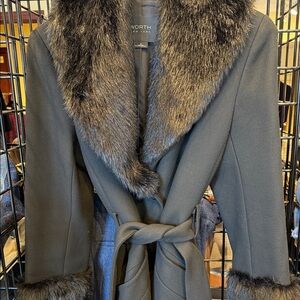 Worth Black Trench Coat with Faux Fur Collar